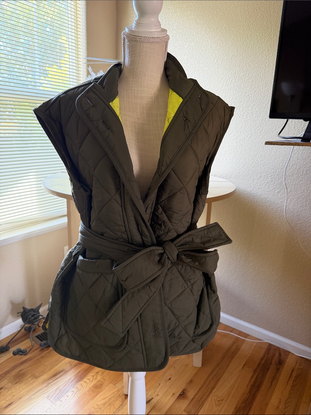 Quilted Olive Green Belted Women's Vest